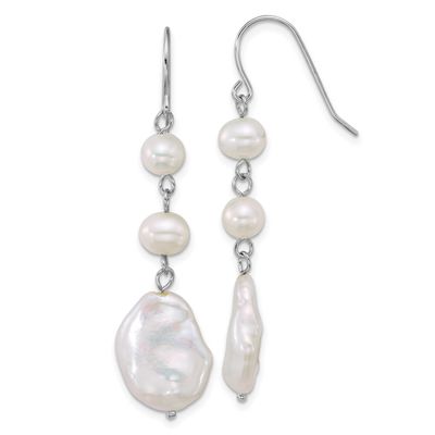 6-7mm White Semi-Round and 11-12mm white Keshi Freshwater Culture Pearl Shepherd Hook Dangle Earrin