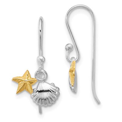 Flash Gold-plated Starfish &amp; Shell Dangle Earring Sterling Silver Rhodium-plated, QE17788,