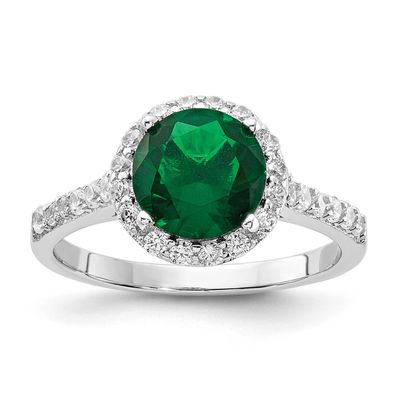 Cheryl M Polished Green Glass and CZ Round Halo Ring Sterling Silver Rhodium-plated, QCM1935-6,