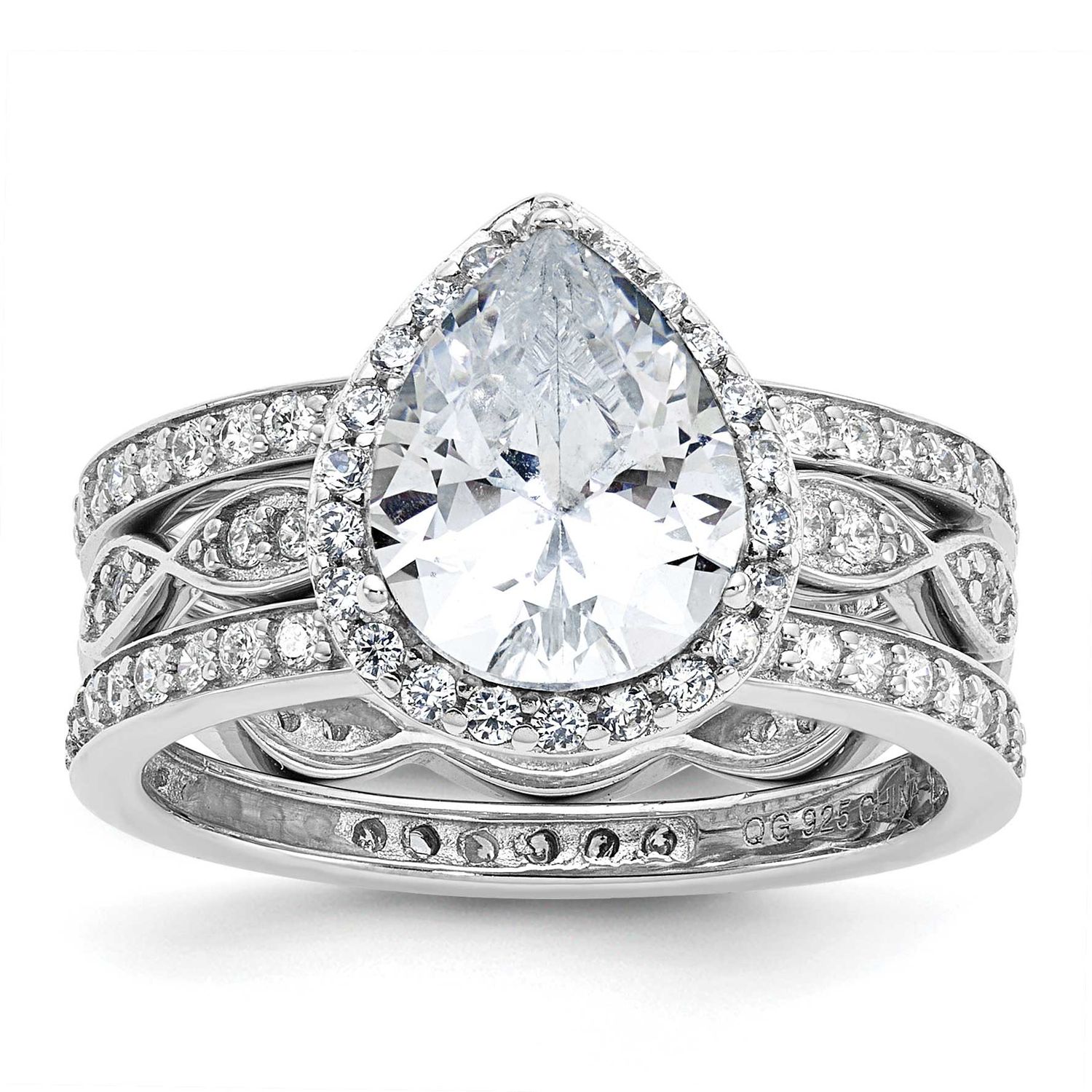 Cheryl M Polished CZ Teardrop Halo 3 Ring Set Sterling Silver Rhodium-plated, QCM1954-8,