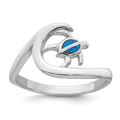 Polished Blue Created Opal Turtle on Wave Ring Sterling Silver Rhodium-plated, QR7696-8,