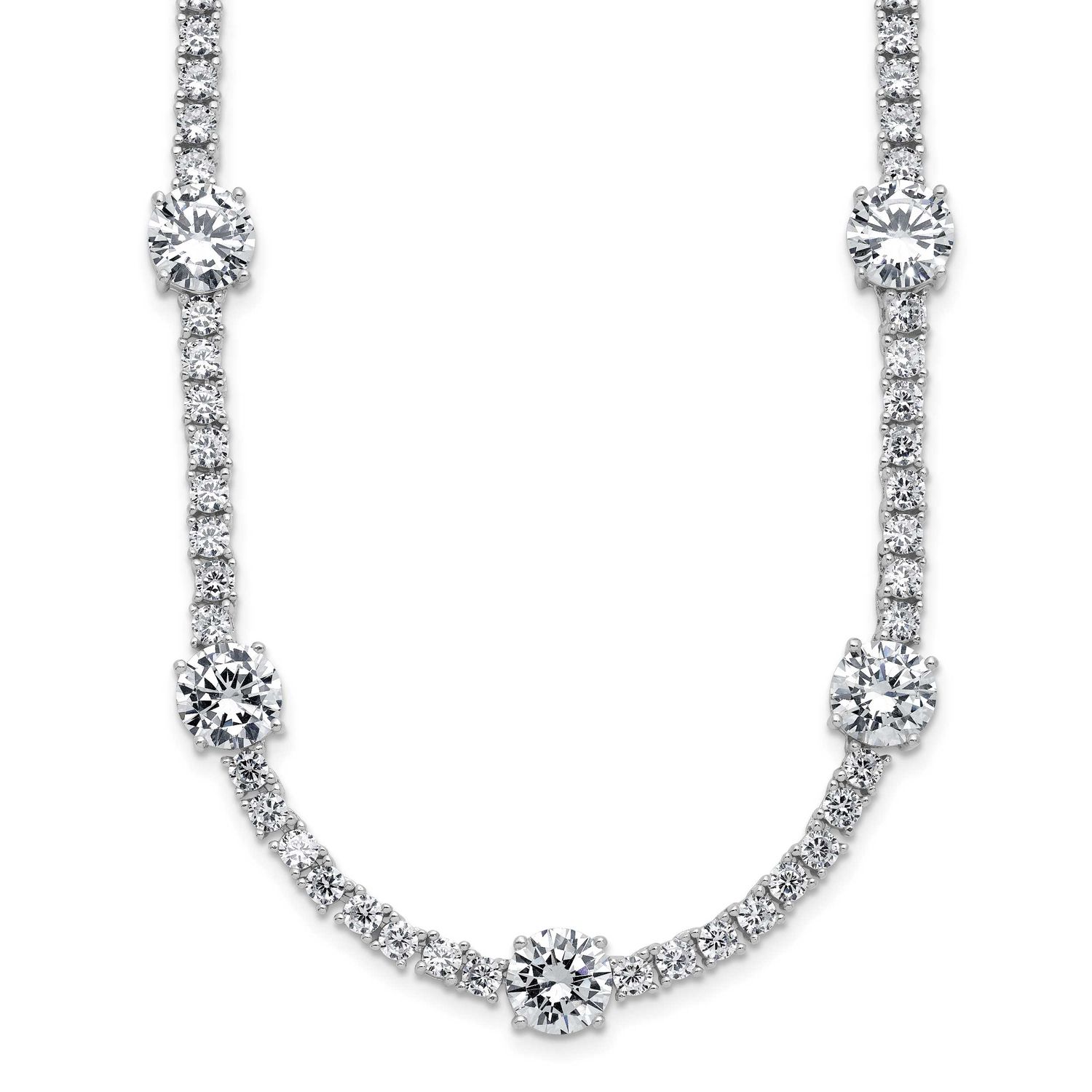 Cheryl M Polished CZ Station with Safety Clasp Necklace Sterling Silver Rhodium-plated, QCM1822-18,