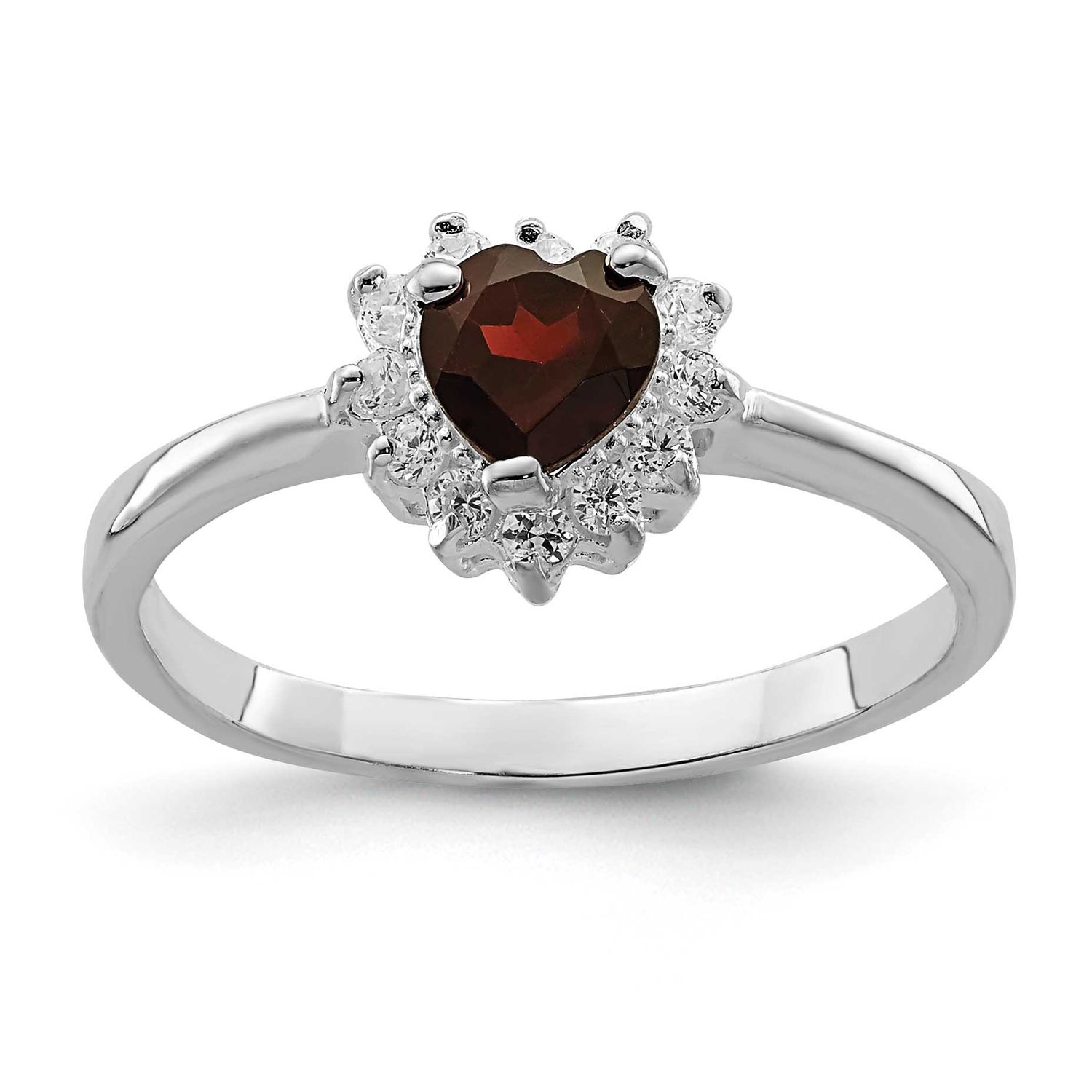 Garnet &amp; CZ Heart Ring Sterling Silver Rhodium-plated, QR725-7, 815479014522
