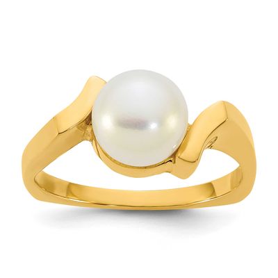 7-8mm White Button Freshwater Cultured Pearl Square Ring 14k Gold Polished, Y13957PL,