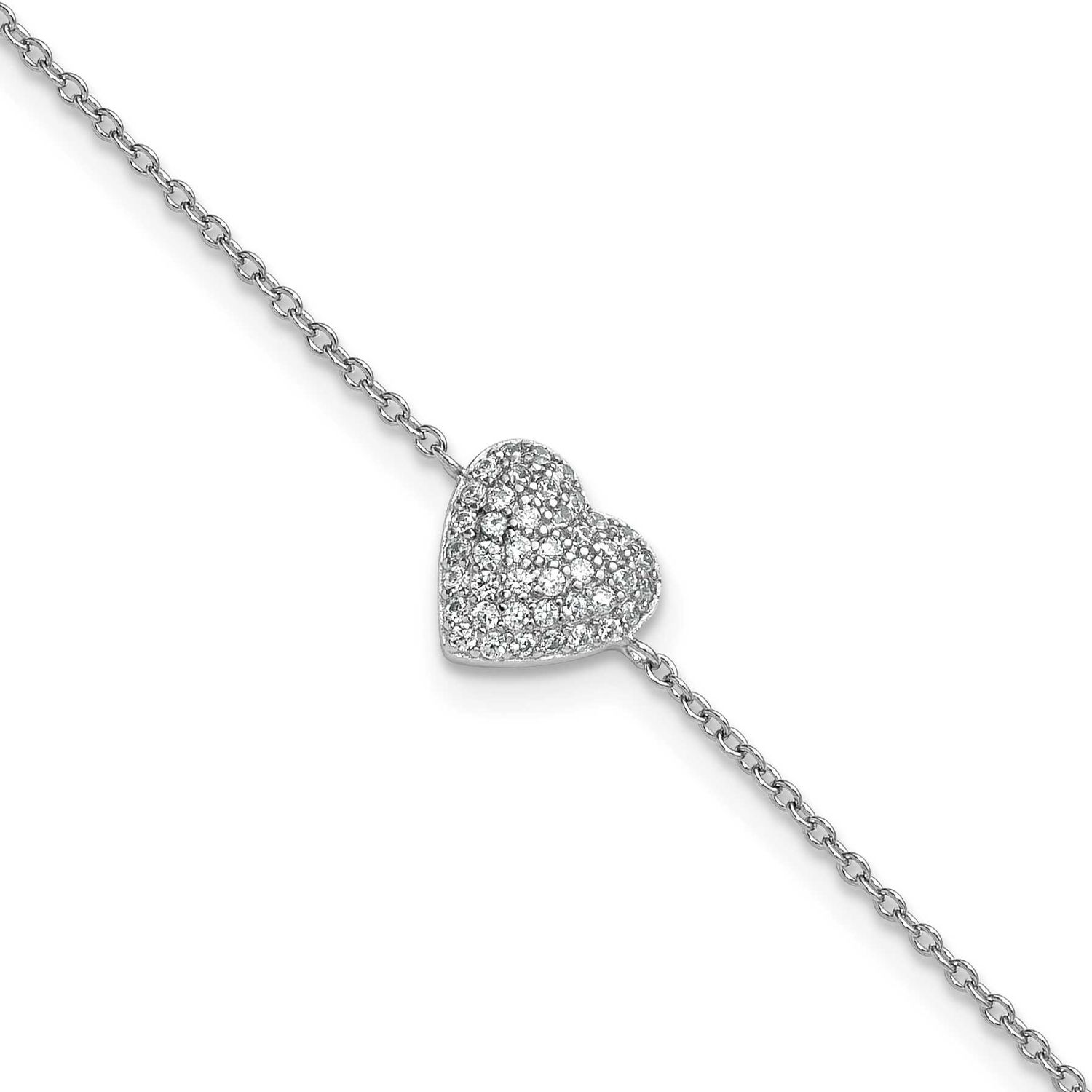 Cheryl M Polished Pave CZ Heart 9.5 Inch with 1 Inch Extension Anklet Sterling Silver Rhodium-plate