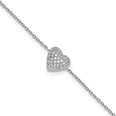 Cheryl M Polished Pave CZ Heart 9.5 Inch with 1 Inch Extension Anklet Sterling Silver Rhodium-plate