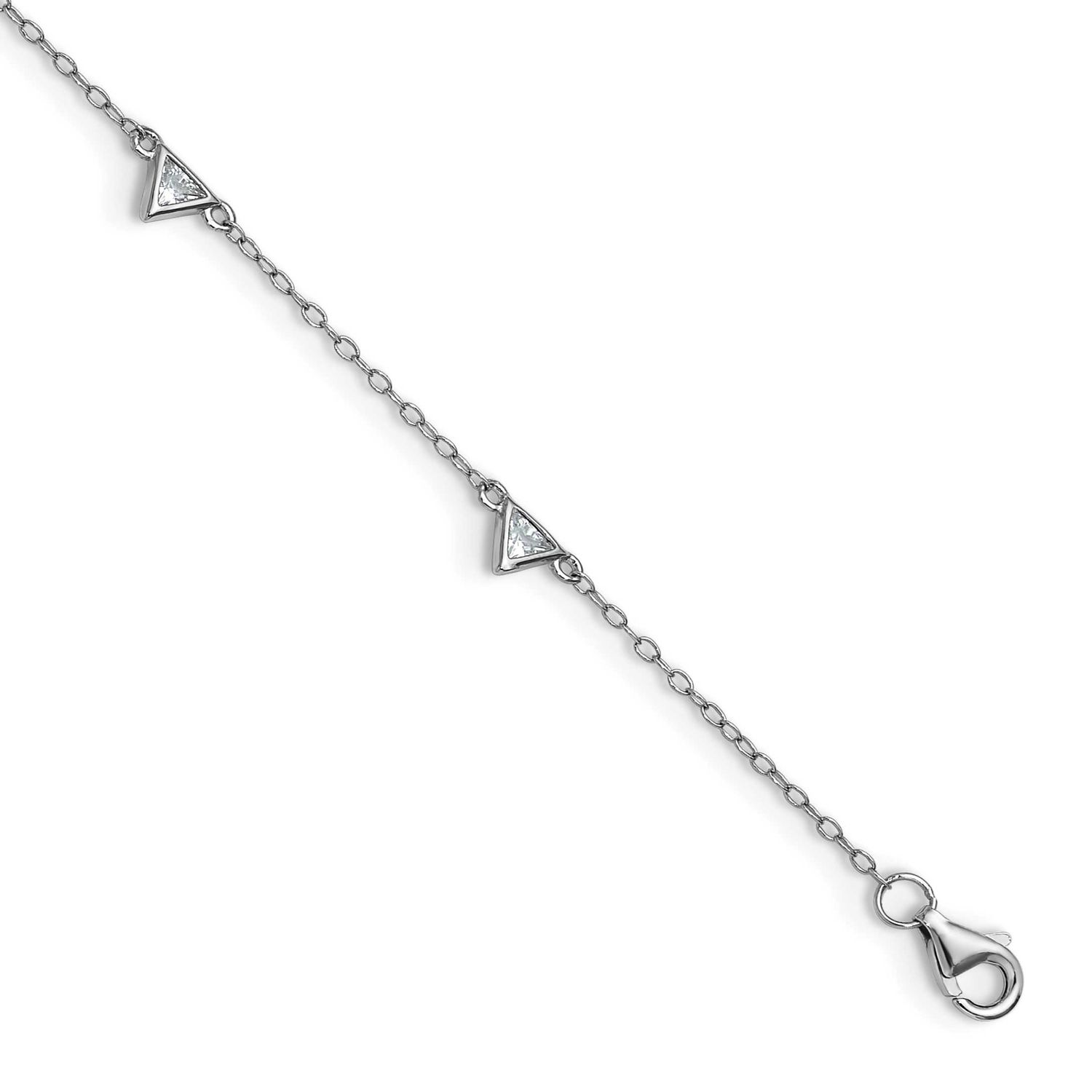 Cheryl M Polished Trillion-cut CZ 9.5 Inch with 1 Inch Extension Anklet Sterling Silver Rhodium-pla