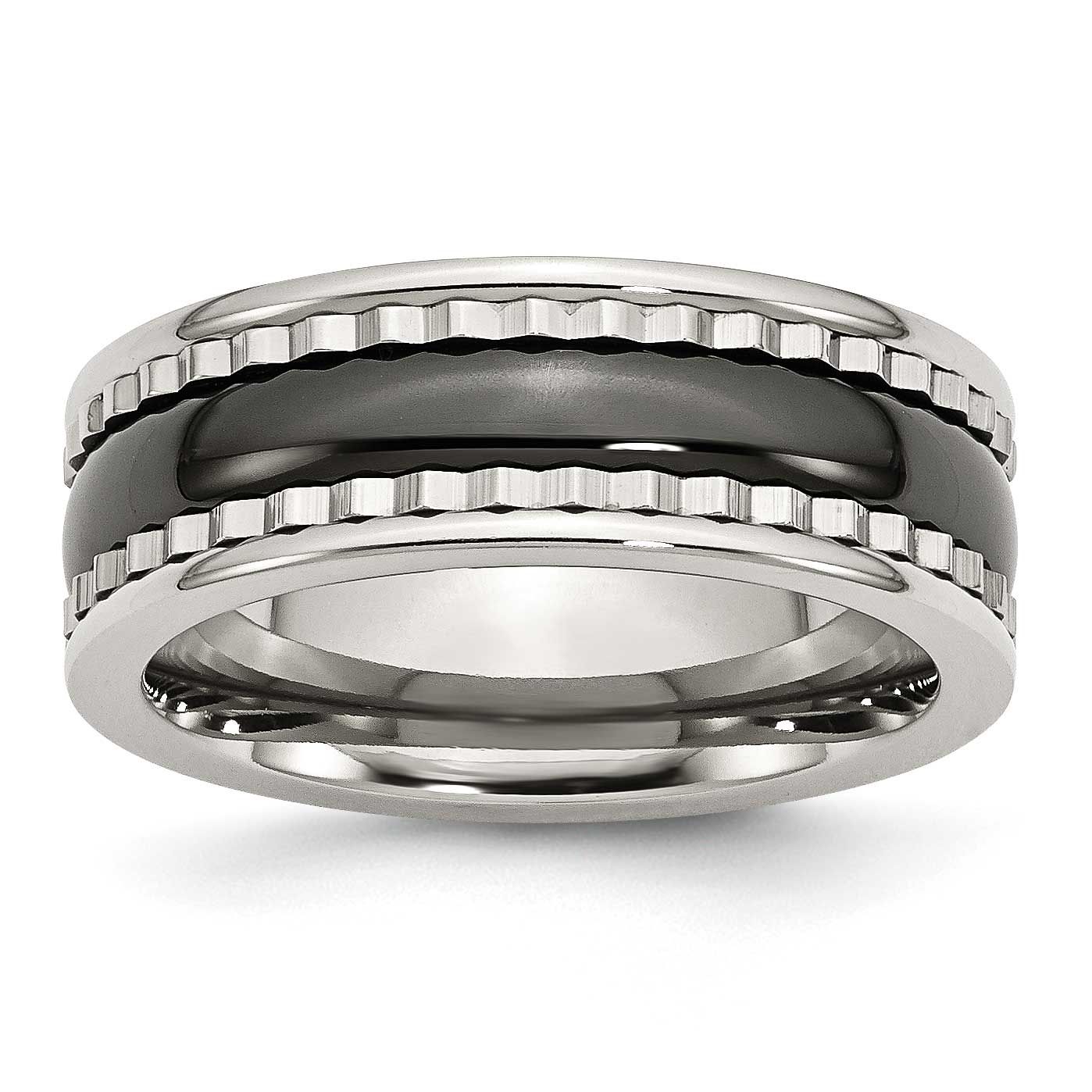 Sawtooth Accent &amp; Black Ceramic Center Band Stainless Steel, SR245-8.5, 886774977980