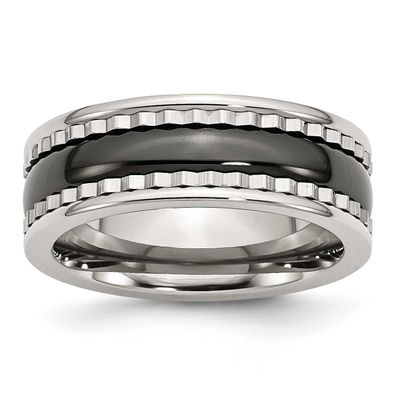 Sawtooth Accent &amp; Black Ceramic Center Band Stainless Steel, SR245-8.5, 886774977980