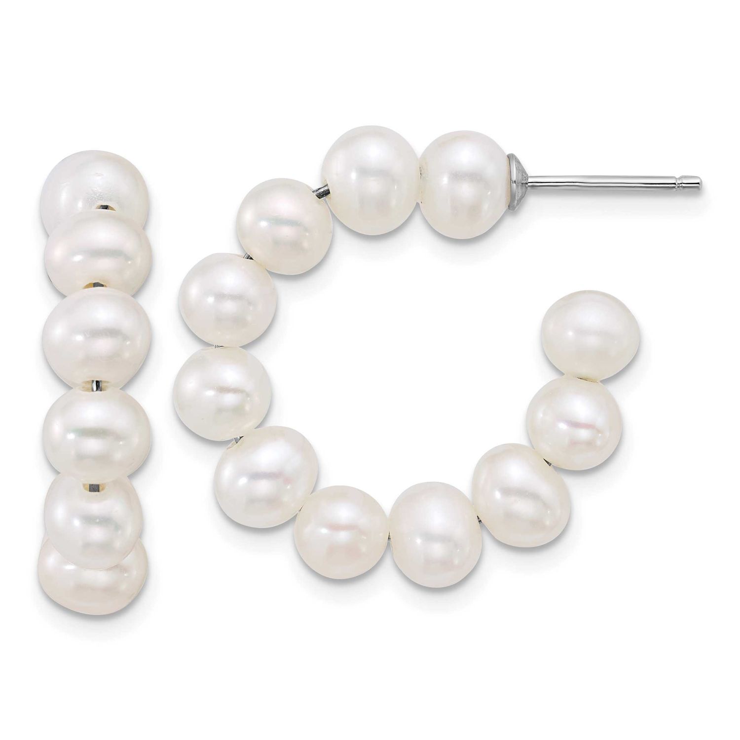 5-6mm White Semi-Round Freshwater Cultured Pearl Beaded Post Hoop Earrings Sterling Silver Rhodium-