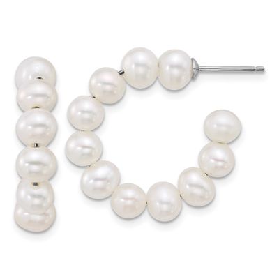 5-6mm White Semi-Round Freshwater Cultured Pearl Beaded Post Hoop Earrings Sterling Silver Rhodium-