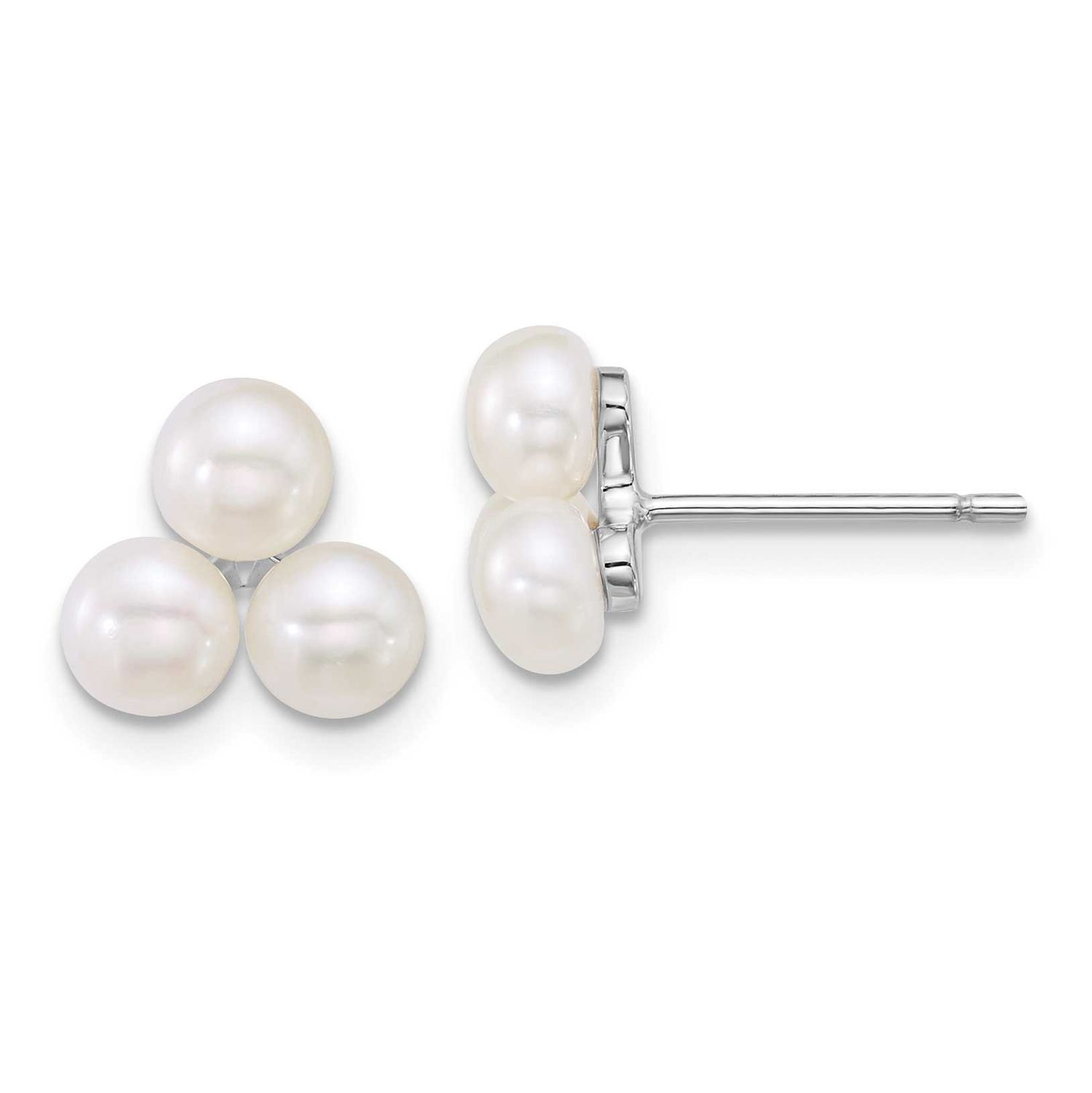 5-6mm White Button Freshwater Cultured 3-Pearl Post Earrings Sterling Silver Rhodium-plated, QE1814