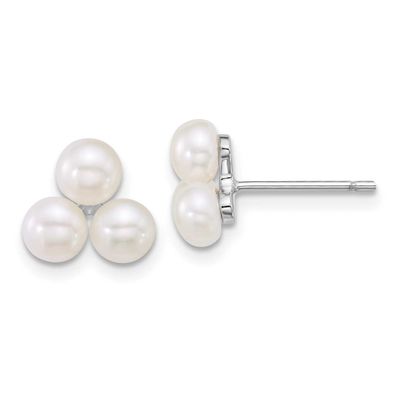 5-6mm White Button Freshwater Cultured 3-Pearl Post Earrings Sterling Silver Rhodium-plated, QE1814