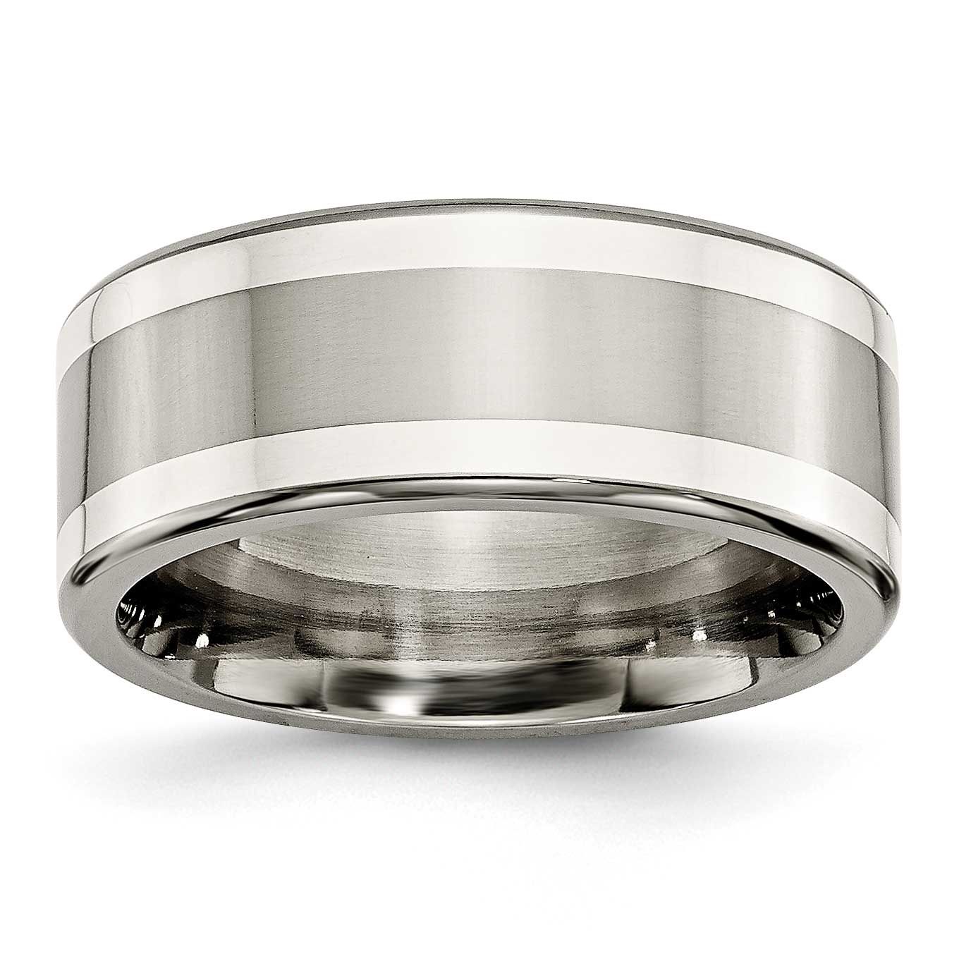 Argentium .925 Silver Inlay 9mm Polished Flat Band Titanium, TB422-9.5, 886774978239