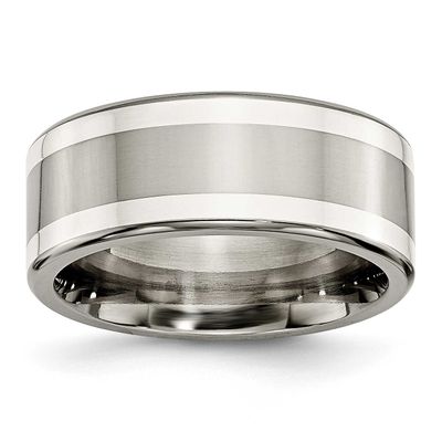 Argentium .925 Silver Inlay 9mm Polished Flat Band Titanium, TB422-9.5, 886774978239