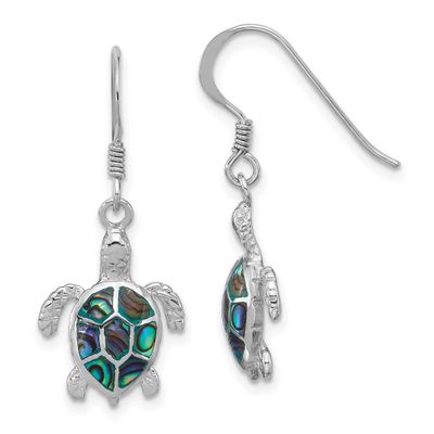Polished Paua Shell Turtle Dangle Earrings Sterling Silver Rhodium-plated, QE17787,