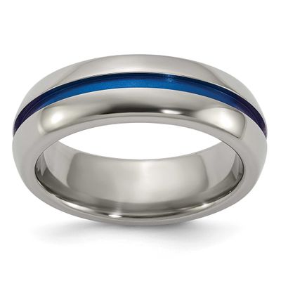 Edward Mirell Blue Anodized Center Stripe Domed 7mm Band Titanium, EMR345-7, 883957835389
