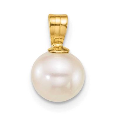 7-8mm White Round Freshwater Cultured Pearl Pendant 14k Gold, XF888,
