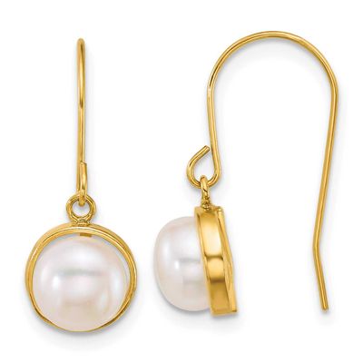 6-7mm White Button Freshwater Cultured Pearl Dangle Shepherd Hook Earrings 14k Gold, XF916E,