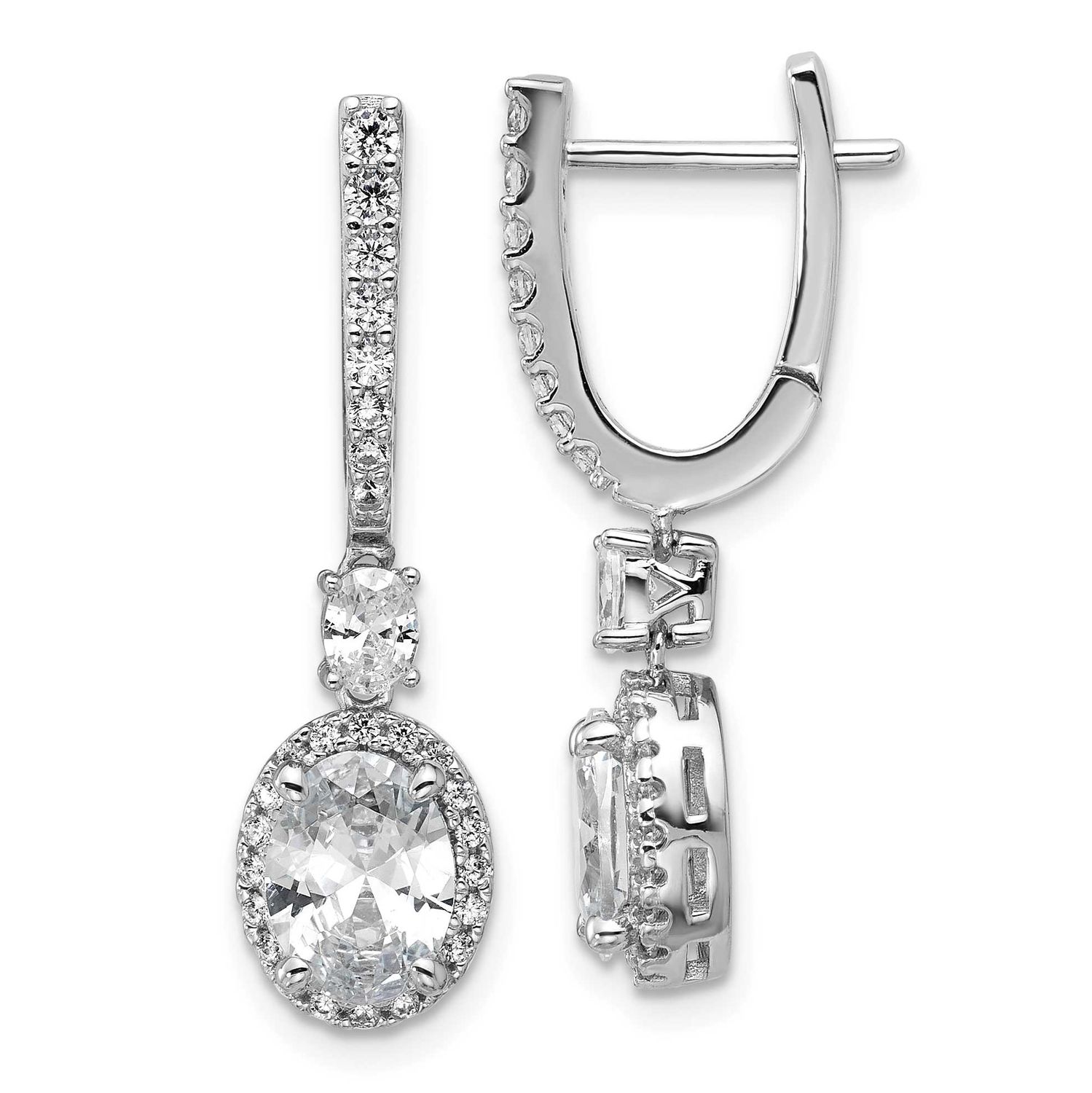 Cheryl M Polished Fancy Oval CZ Halo Hinged Post Dangle Earrings Sterling Silver Rhodium-plated, QC