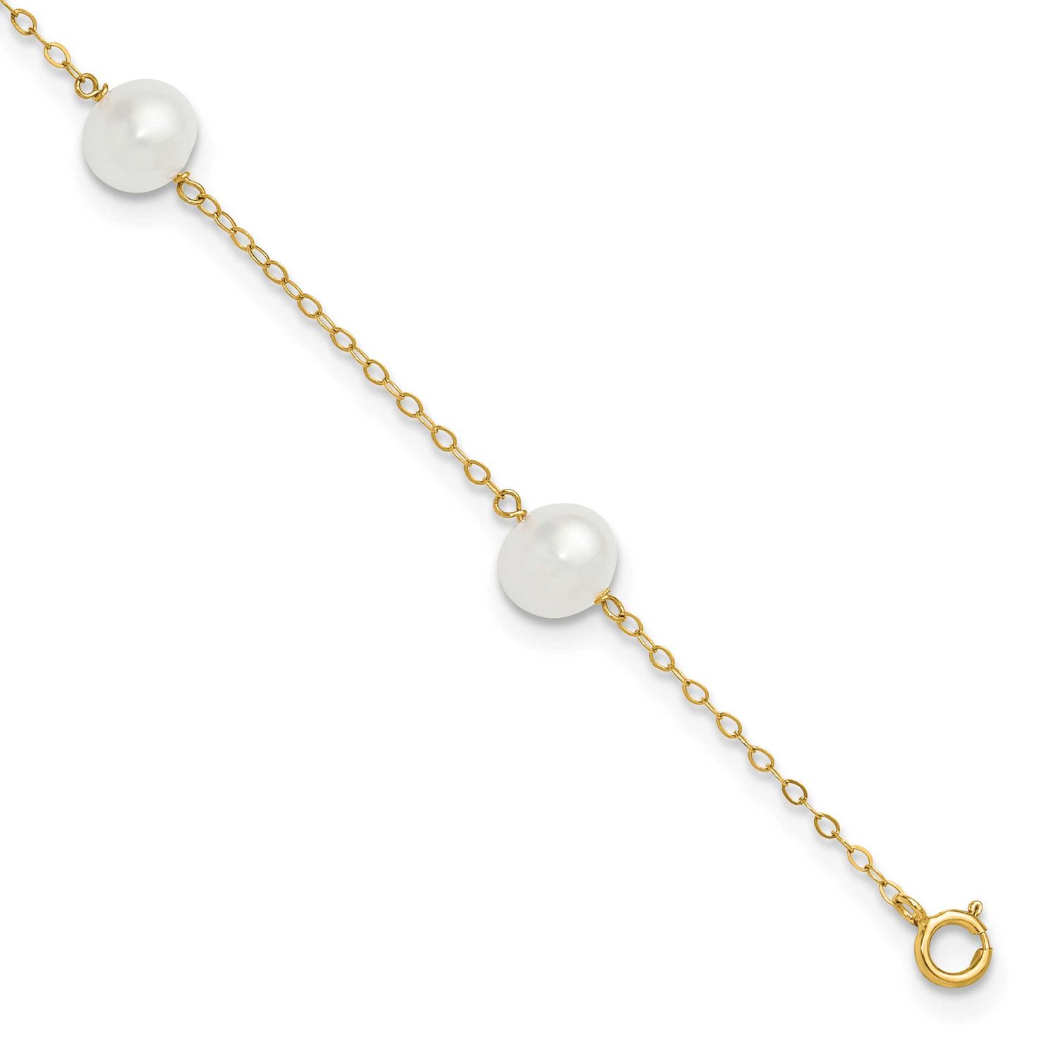 7-8mm White Near-Round Freshwater Cultured Pearl 5-Station 9 inch Anklet 10k Gold, 10ANK144-9,