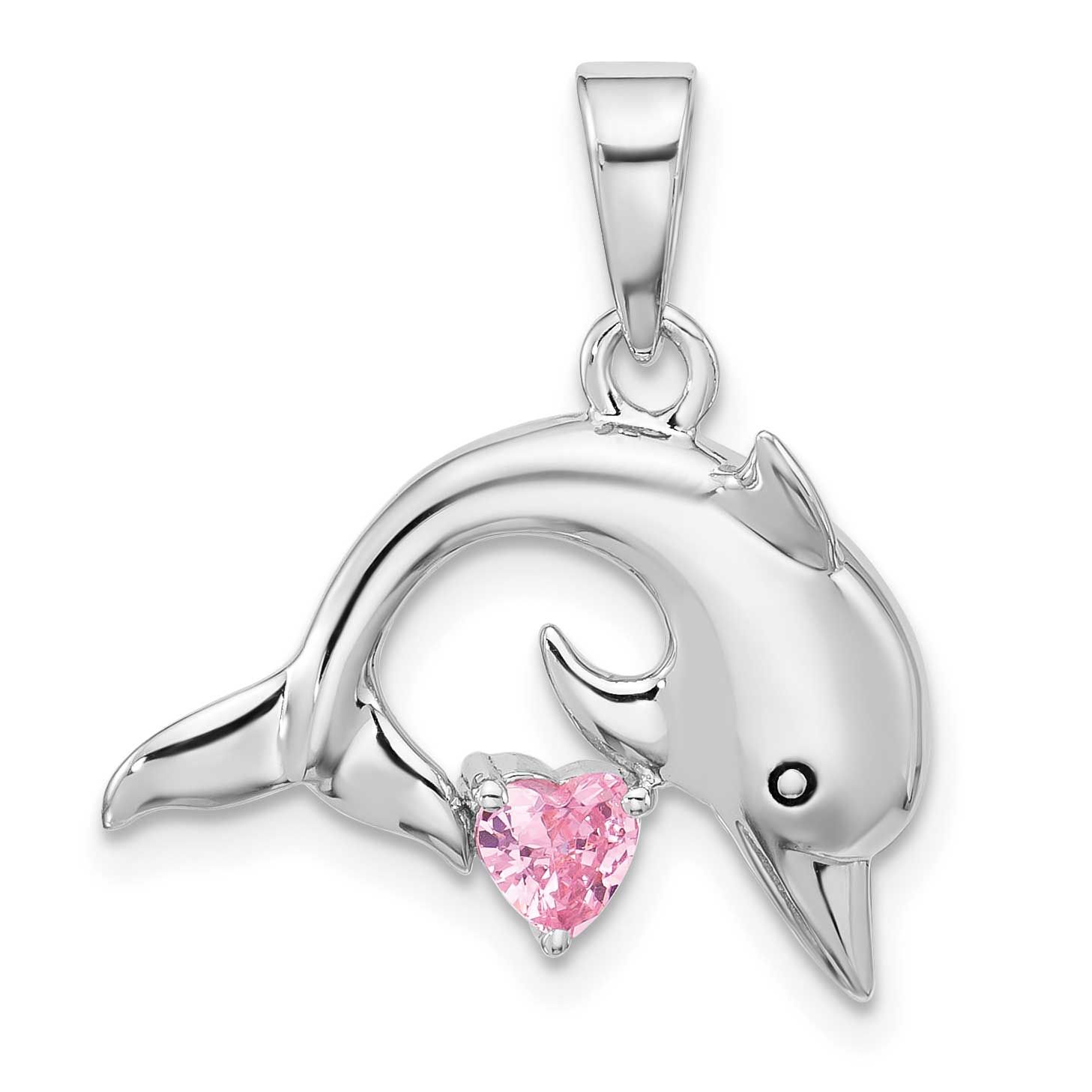 Polished and Antiqued Pink CZ Dolphin Pendant Sterling Silver Rhodium-plated, QP5917,