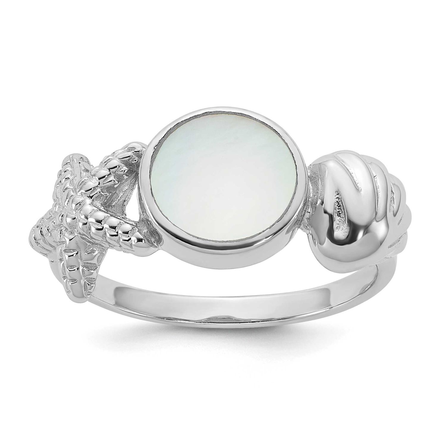 Polished MOP Sea Shell with Starfish Ring Sterling Silver Rhodium-plated, QR7700-7,
