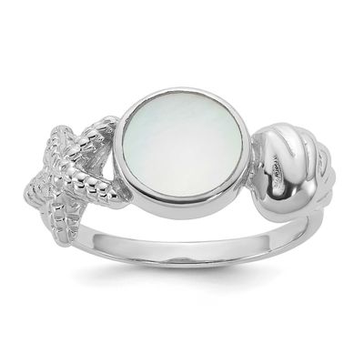 Polished MOP Sea Shell with Starfish Ring Sterling Silver Rhodium-plated, QR7700-7,