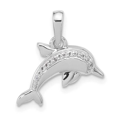 Polished CZ Dolphin Pendant Sterling Silver Rhodium-plated, QP5918,