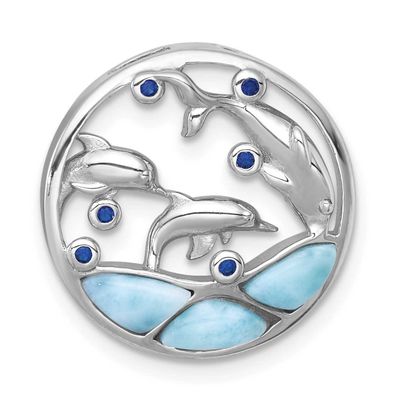 Larimar and Blue CZ Dolphins Chain Slide Pendant Sterling Silver Rhodium-plated, QC11587,