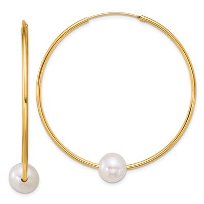 8-9mm White Semi-Round Freshwater Cultured Pearl Hoop Earrings Sterling Silver Gold-plated, QE18174