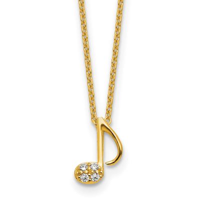 Cheryl M Polished CZ Music Note 16 Inch with 2 Inch Extension Necklace Sterling Silver Gold-plated,