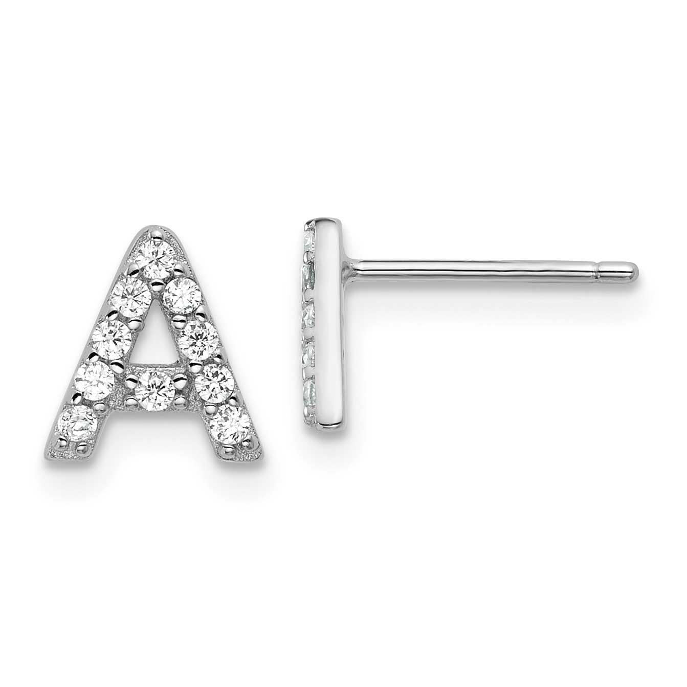 Cheryl M Polished Letter A CZ Initial Post Earrings Sterling Silver Rhodium-plated, QCM1867A,