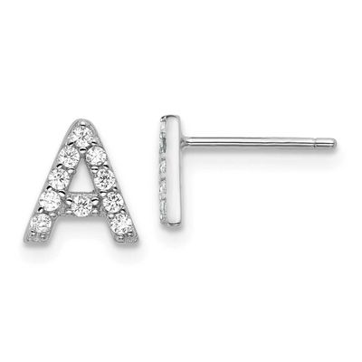 Cheryl M Polished Letter A CZ Initial Post Earrings Sterling Silver Rhodium-plated, QCM1867A,