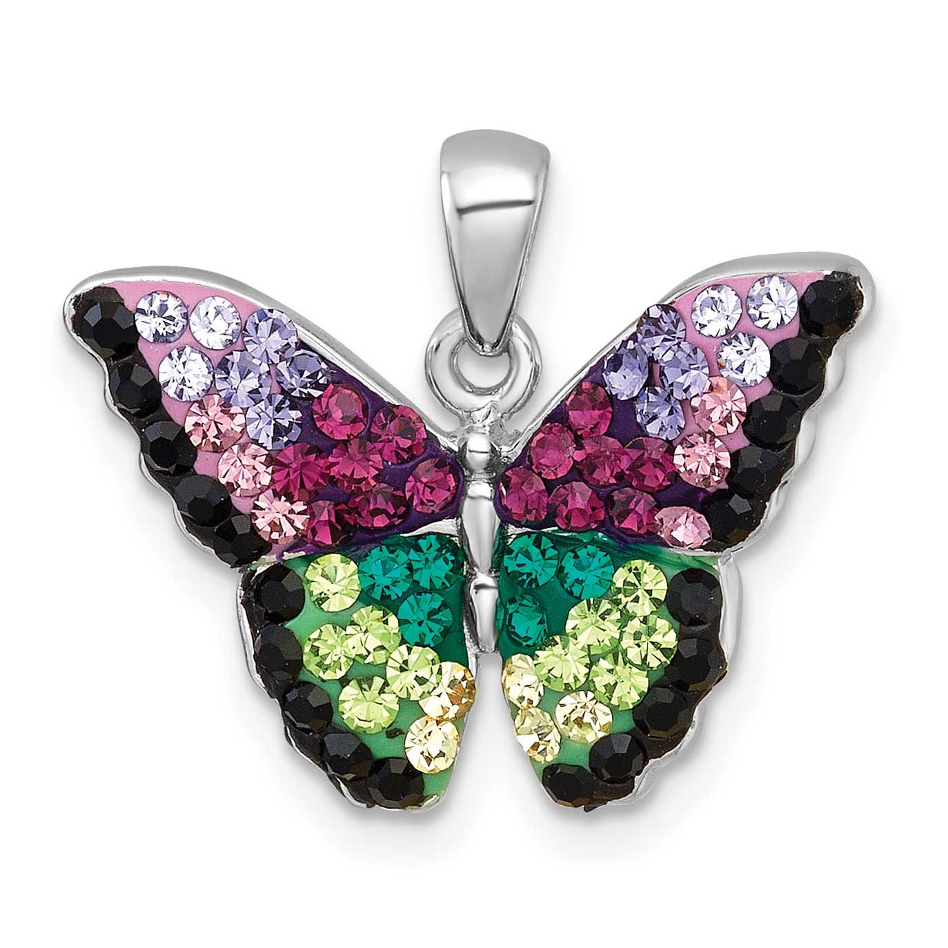 Multi Color Crystal Butterfly Pendant Sterling Silver Rhodium-plated, QC11570,