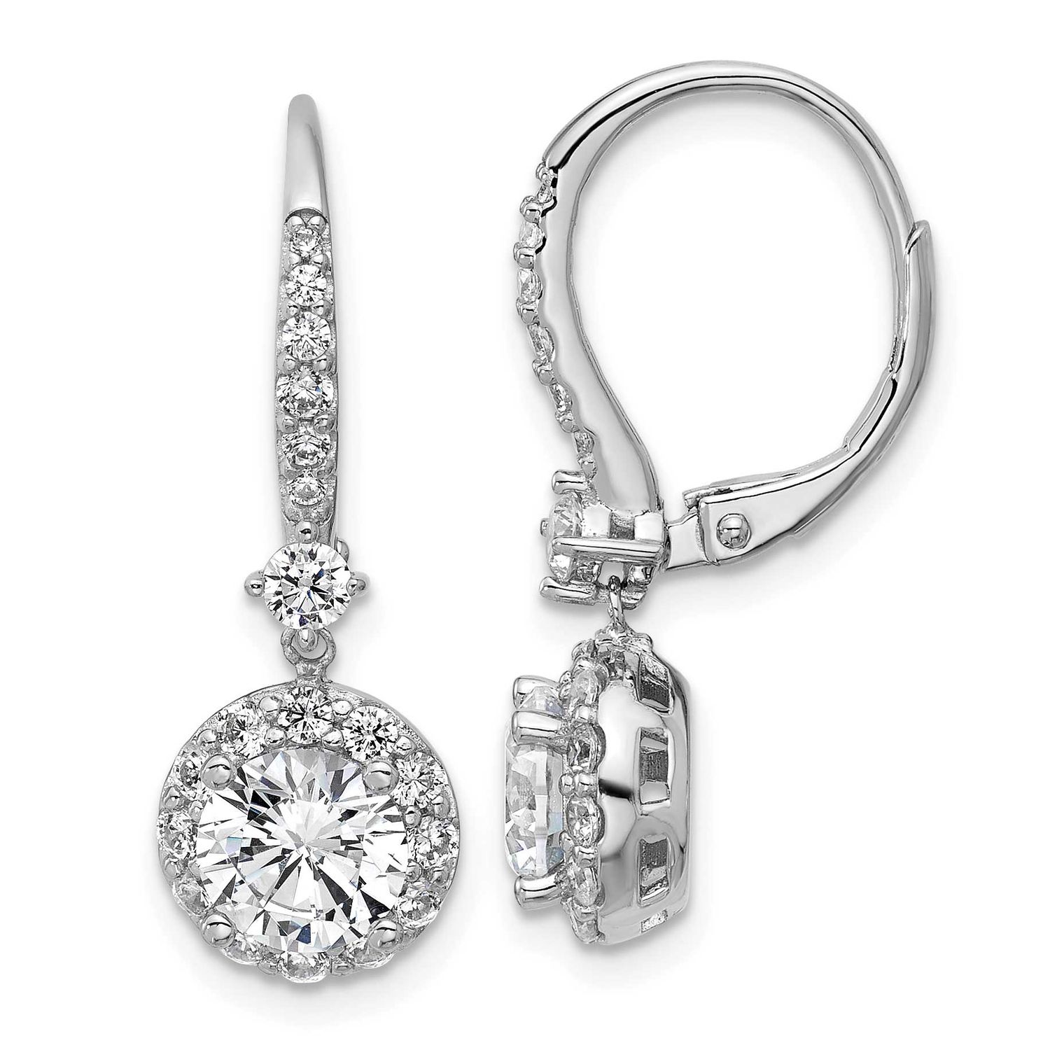 Cheryl M Polished Round CZ Halo Leverback Dangle Earrings Sterling Silver Rhodium-plated, QCM1702,