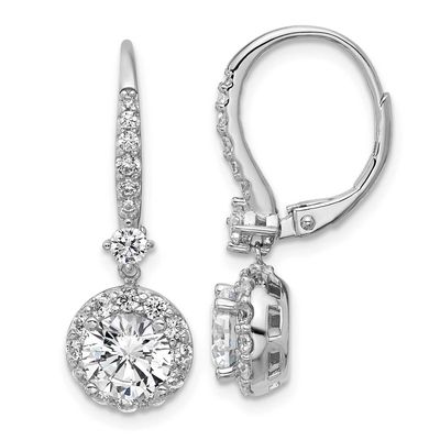 Cheryl M Polished Round CZ Halo Leverback Dangle Earrings Sterling Silver Rhodium-plated, QCM1702,