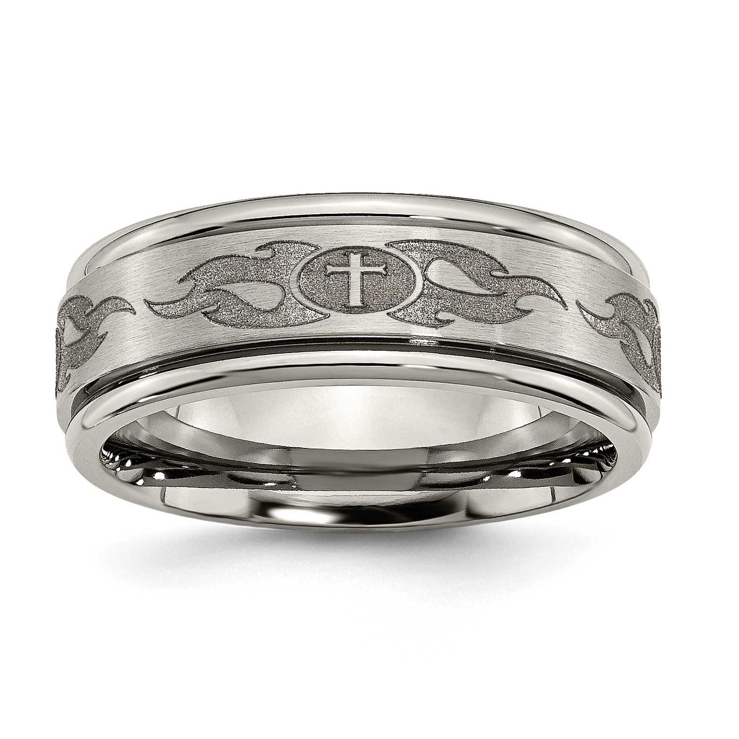 Cross Laser Design 8mm Ridged Edge Band Titanium Brushed and Polished, TB11S-10.5, 886774047010