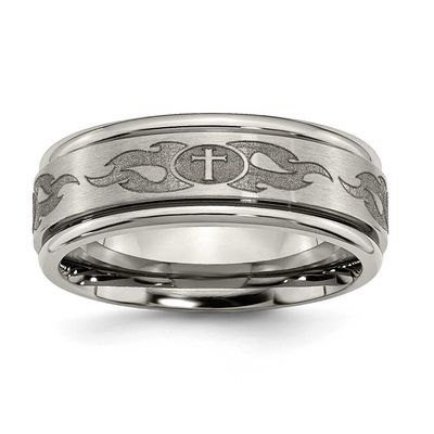 Cross Laser Design 8mm Ridged Edge Band Titanium Brushed and Polished, TB11S-10.5, 886774047010