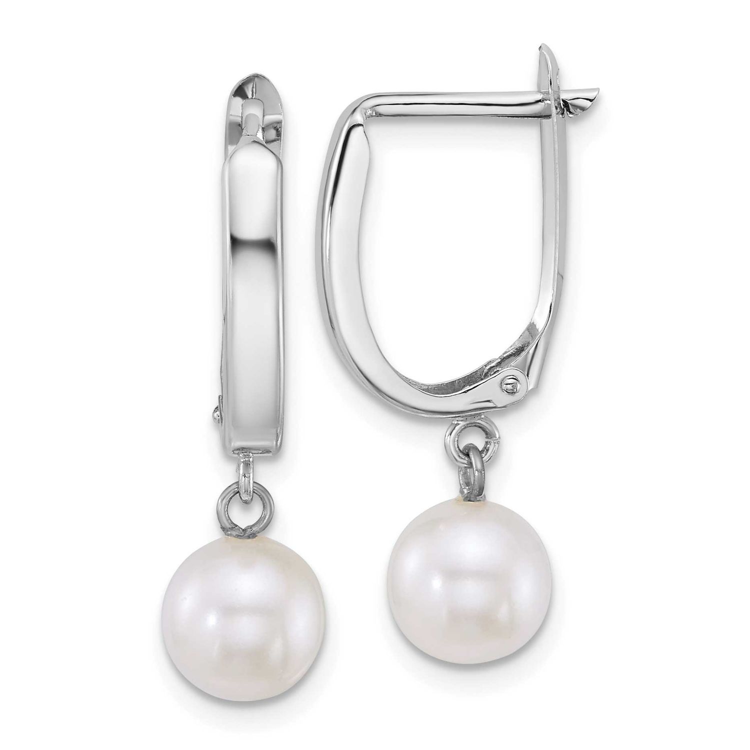 7-8mm Round White FW Cultured Pearl Dangle Hoop Earrings 14k White Gold, XFW913E,