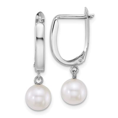 7-8mm Round White FW Cultured Pearl Dangle Hoop Earrings 14k White Gold, XFW913E,