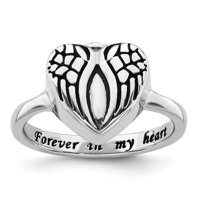 Enameled Heart With Wings Ash Holder Ring Sterling Silver Rhodium-plated, QR7647-7,