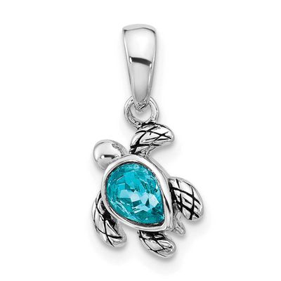 Polished and Antiqued Crystal December Birthstone Turtle Pendant Sterling Silver Rhodium-plated, QP