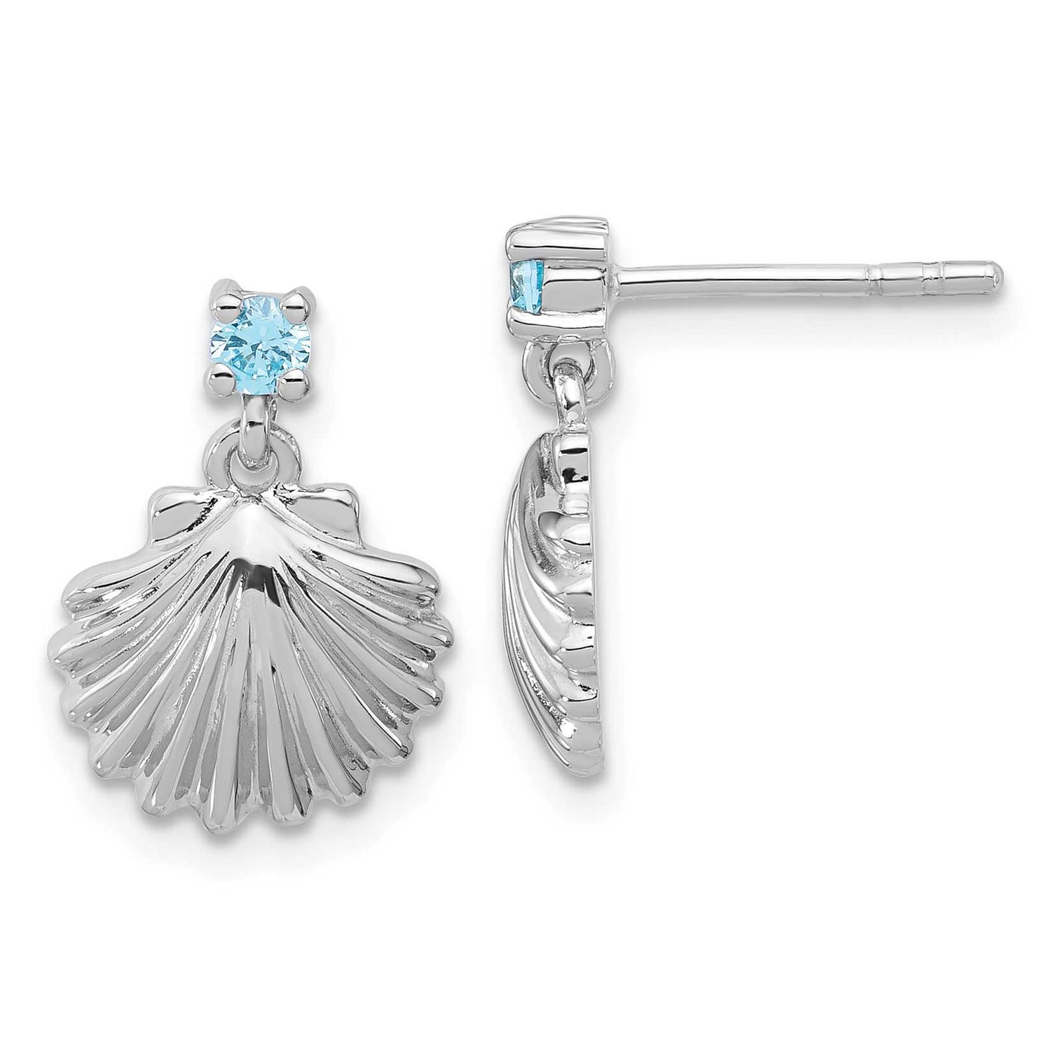Polished Blue CZ Dangle Shell Stud Earrings Sterling Silver Rhodium-plated, QE17792,