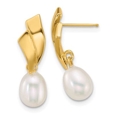 5-7mm White Teardrop Freshwater Cultured Pearl Post Dangle Earrings 14k Gold Polished, XF911E,