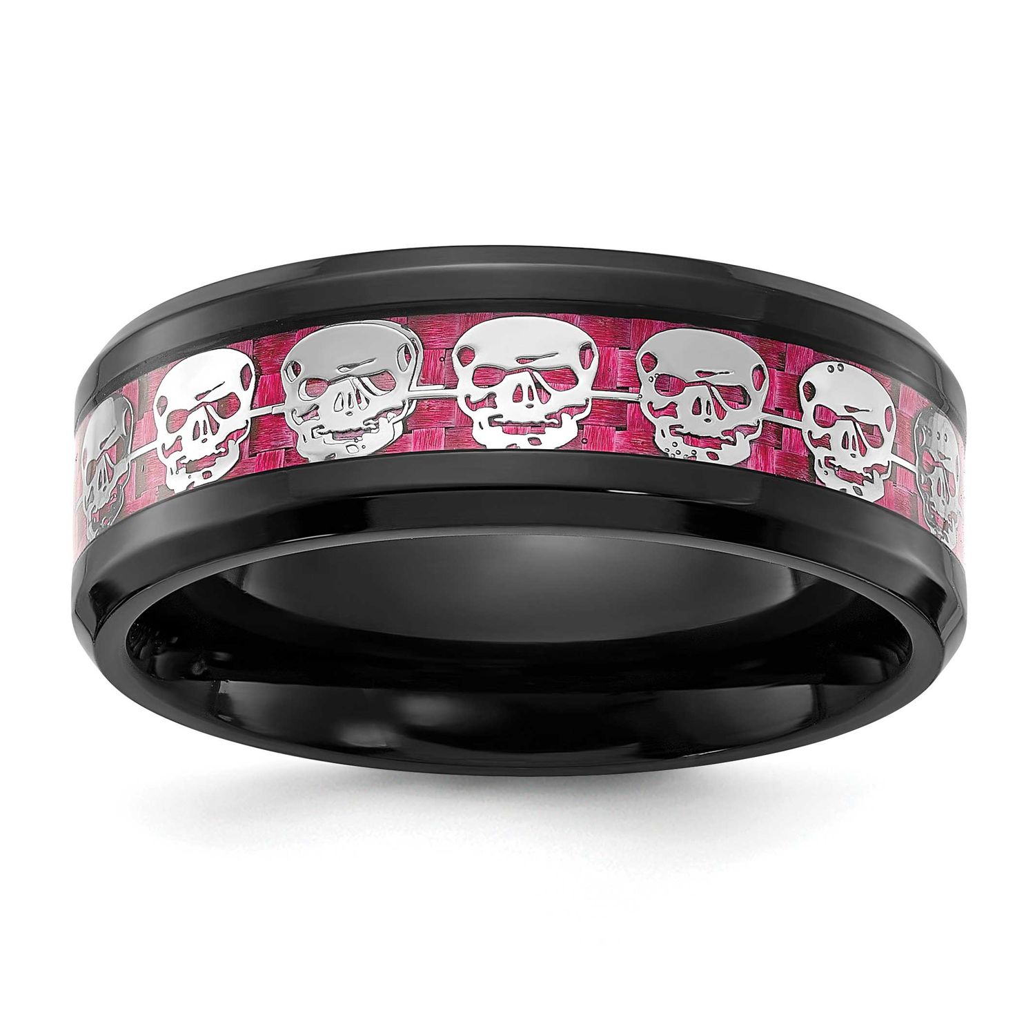Black IP-plated Skulls with Pink Carbon Fiber Inlay 8mm Band Stainless Steel Polished, SR717-13, 19