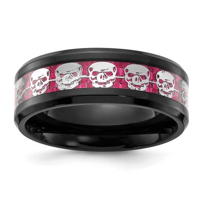 Black IP-plated Skulls with Pink Carbon Fiber Inlay 8mm Band Stainless Steel Polished, SR717-13, 19