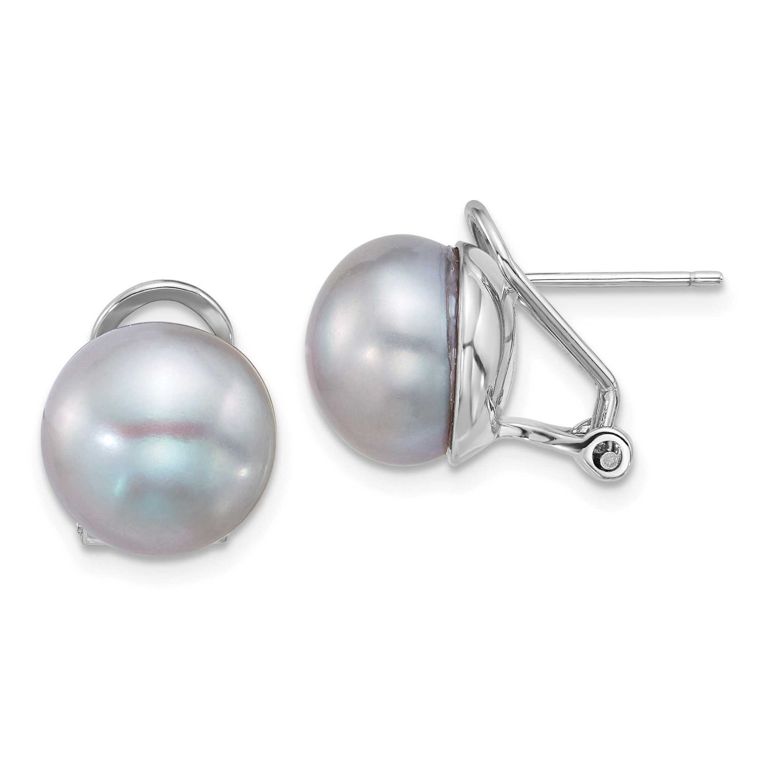 11-12mm Grey Button Freshwater Cultured Pearl Omega Back Earrings Sterling Silver Rhodium-plated, Q