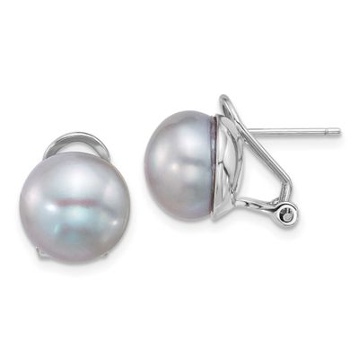 11-12mm Grey Button Freshwater Cultured Pearl Omega Back Earrings Sterling Silver Rhodium-plated, Q
