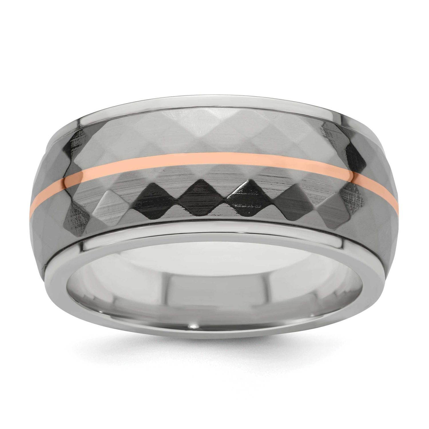 Edward Mirell Argentium Sterling Silver and Inlay with 14k Rose Gold Stripe Faceted 10mm Band Titan